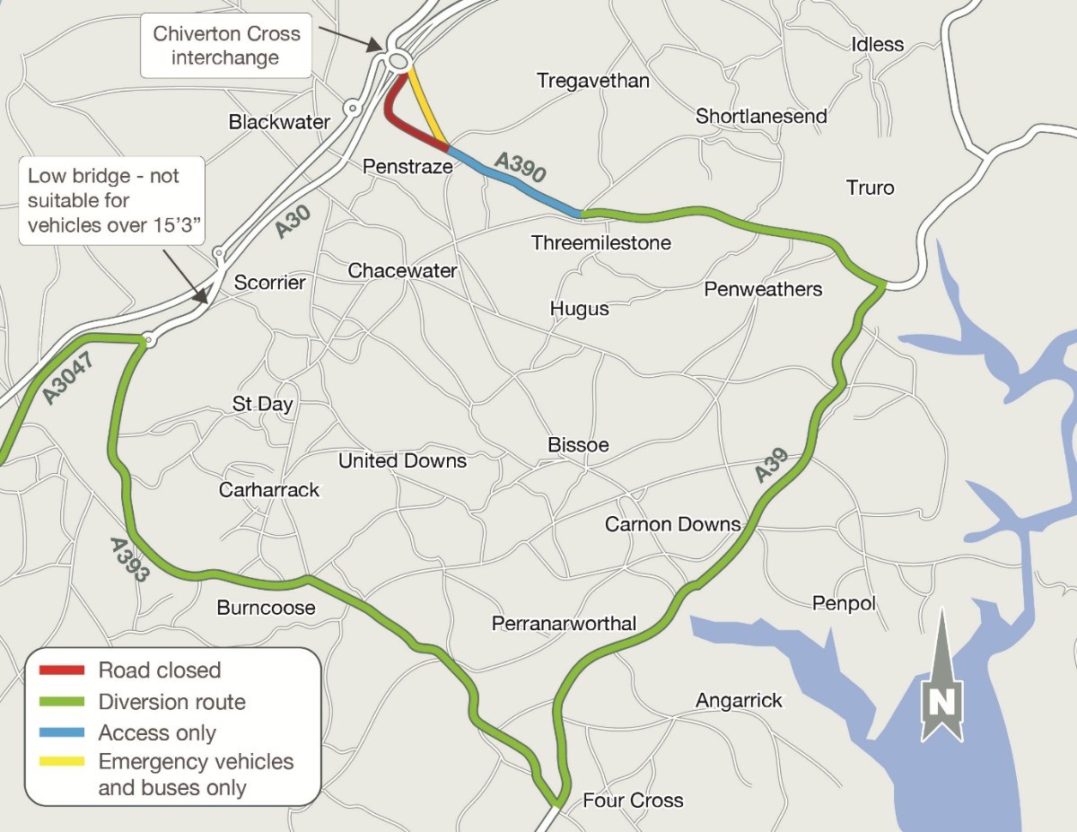 Part of the A390 will be closed all weekend